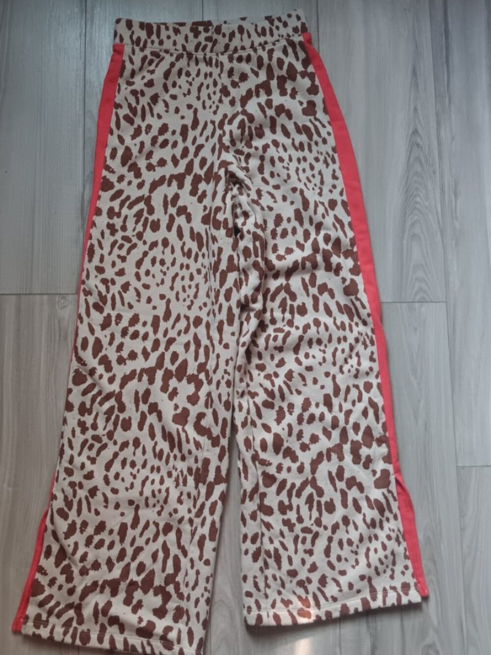 Grayson Threads Beige and Brown Leopard Wide-Leg Pants with Red Side Stripe